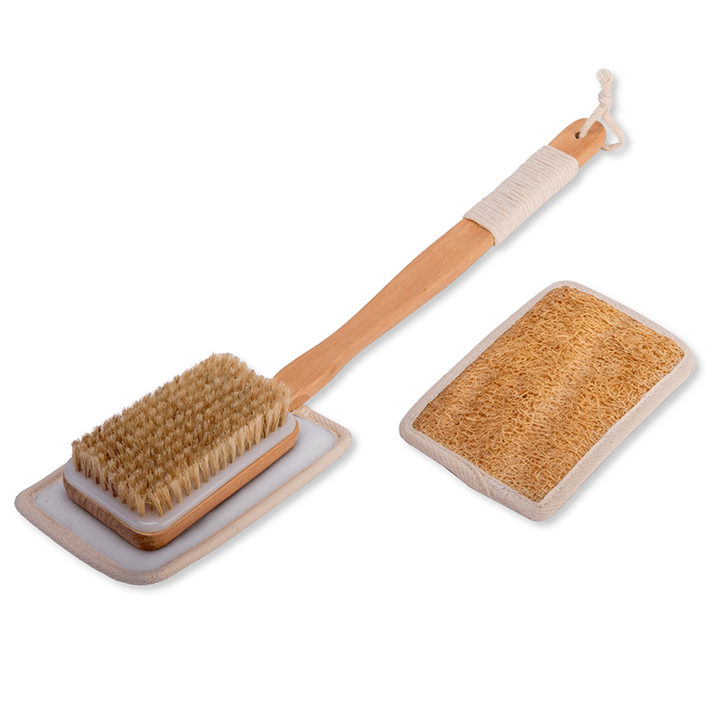 Fabufabu 3pcs/Set - Replaceable 1 Long Wooden Handle natural loofah bristle shower brush with 2 Exfoliating Body Pad - starcopia design store