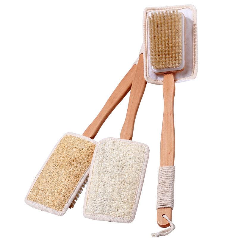 Fabufabu 3pcs/Set - Replaceable 1 Long Wooden Handle natural loofah bristle shower brush with 2 Exfoliating Body Pad - starcopia design store