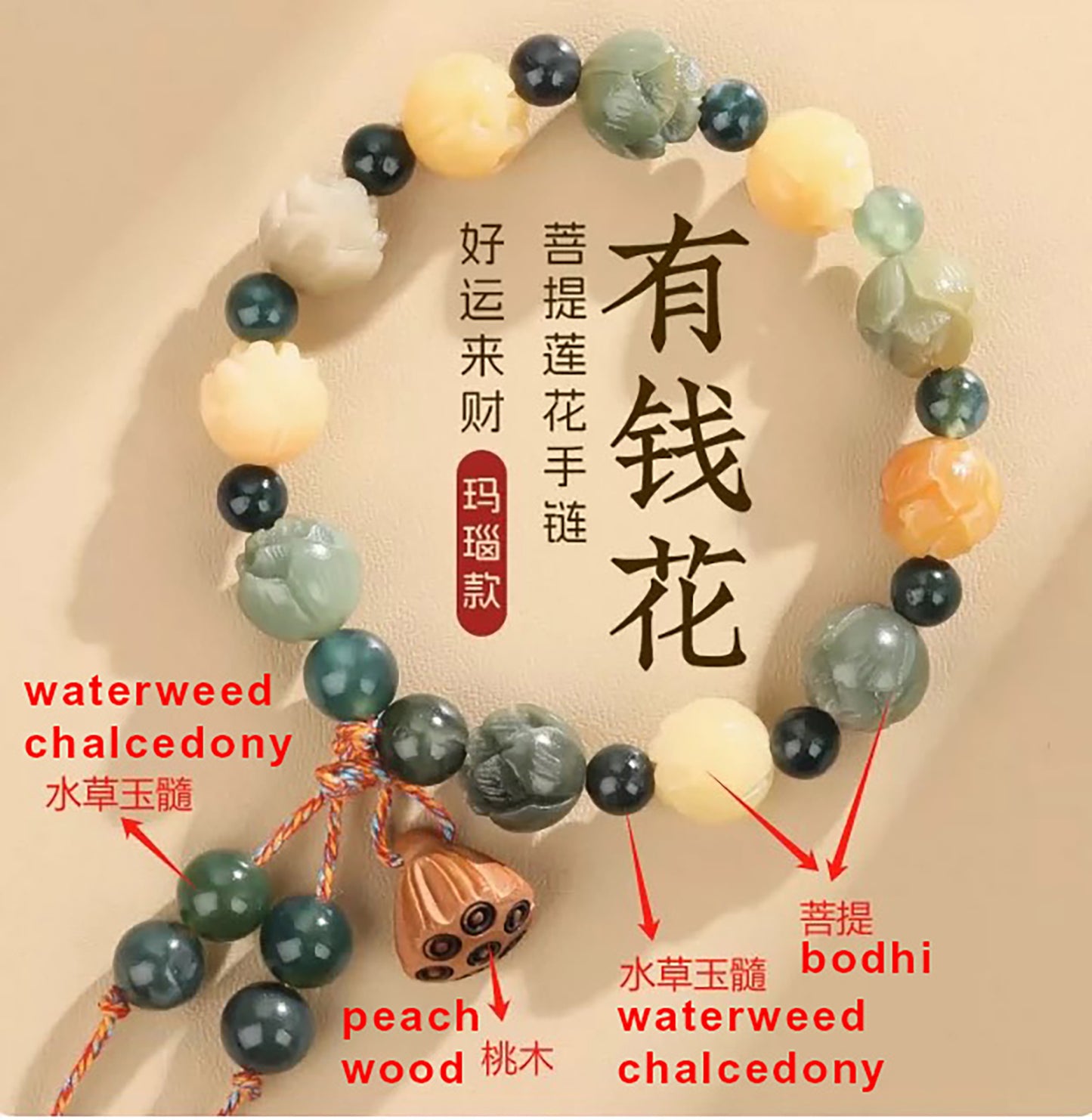 Fabufabu Handmade Water Grass Agate Lotus Style Bodhi Bracelet - starcopia design store