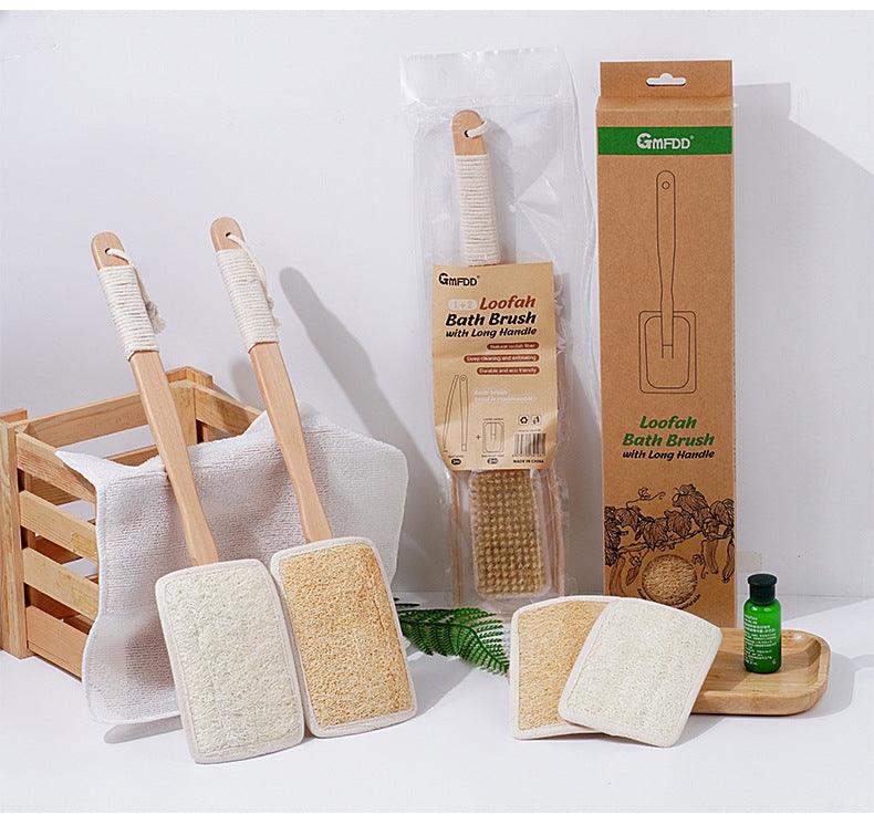 Fabufabu 3pcs/Set - Replaceable 1 Long Wooden Handle natural loofah bristle shower brush with 2 Exfoliating Body Pad - starcopia design store