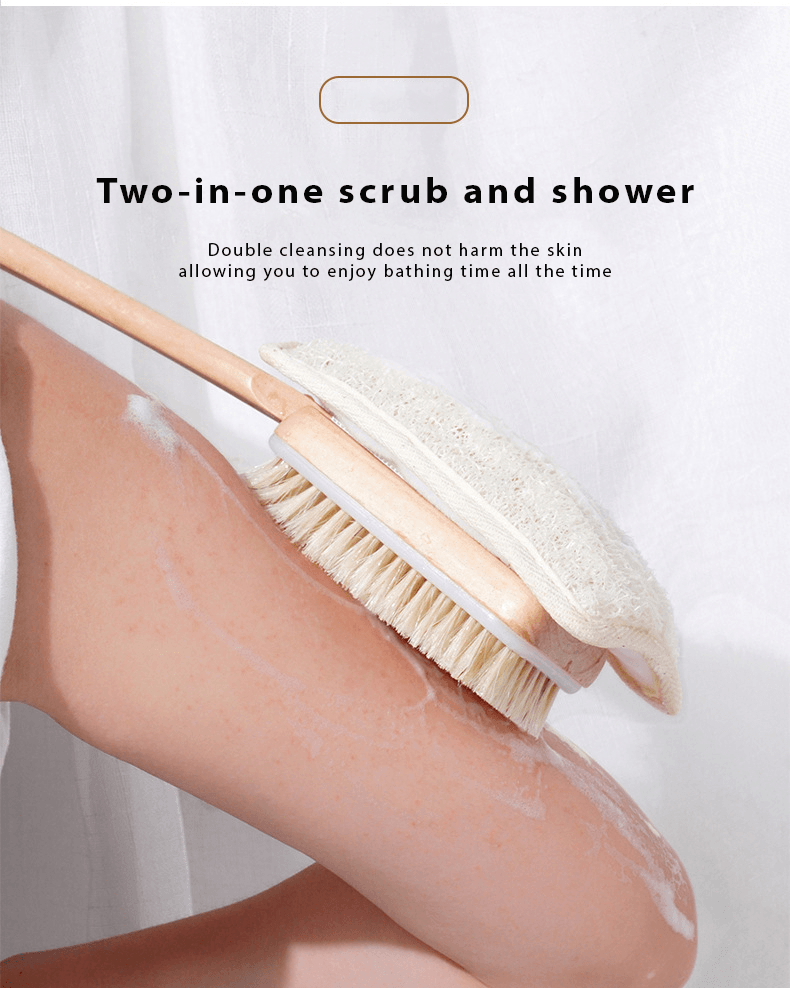 Fabufabu 3pcs/Set - Replaceable 1 Long Wooden Handle natural loofah bristle shower brush with 2 Exfoliating Body Pad - starcopia design store