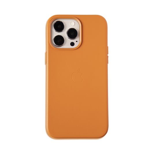 Orange phone case with Apple logo on a white background