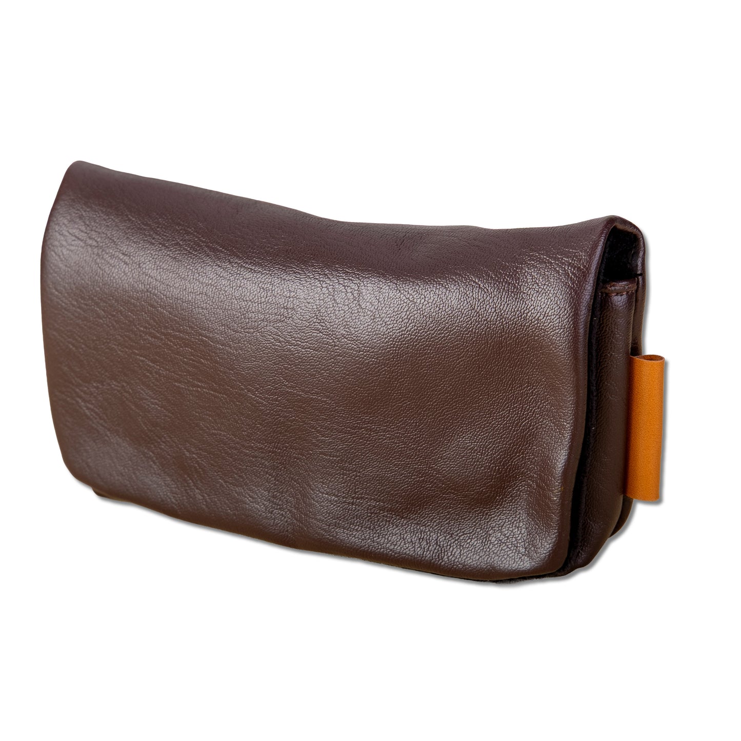 Brown leather clutch bag with a yellow strap on a white background