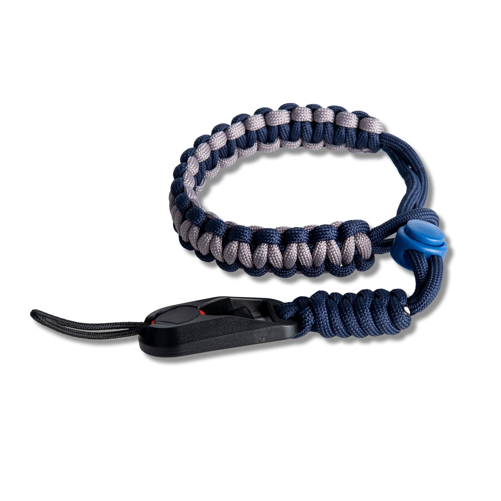 Navy and gray paracord lanyard with a black clip on a white background
