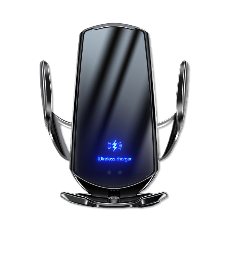 Wireless charger with blue LED indicator on a white background