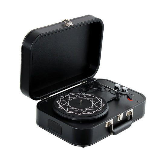 Black portable turntable with open lid on a white background