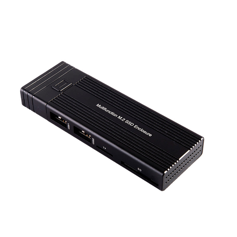 Black M.2 SSD enclosure on a white background