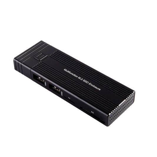 Black M.2 SSD enclosure on a white background