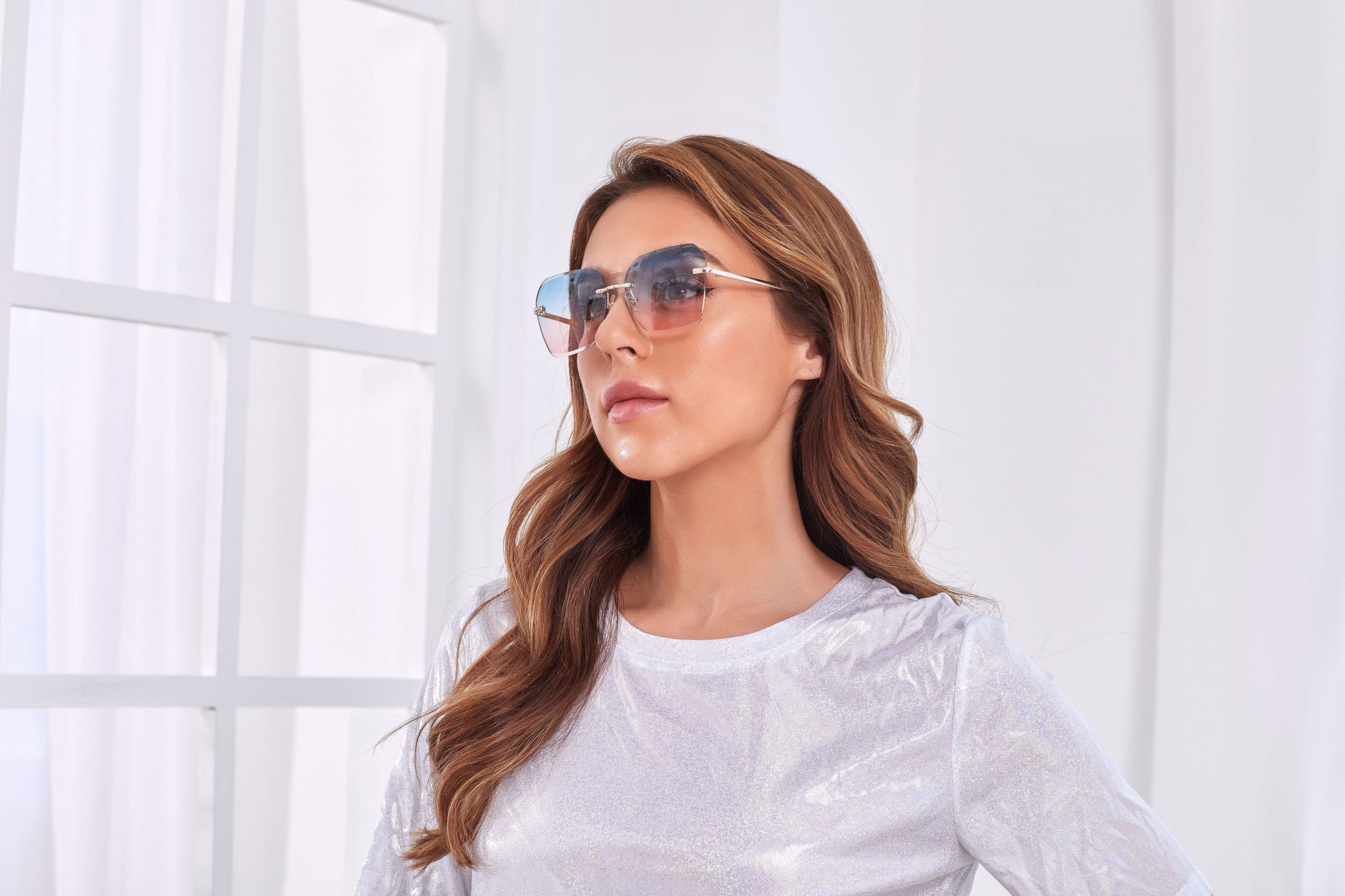 Trendy two tone rimless sunglasses - starcopia design store